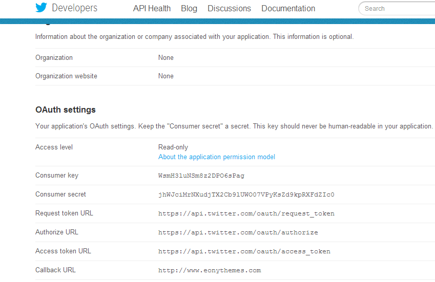 Twitter your application page